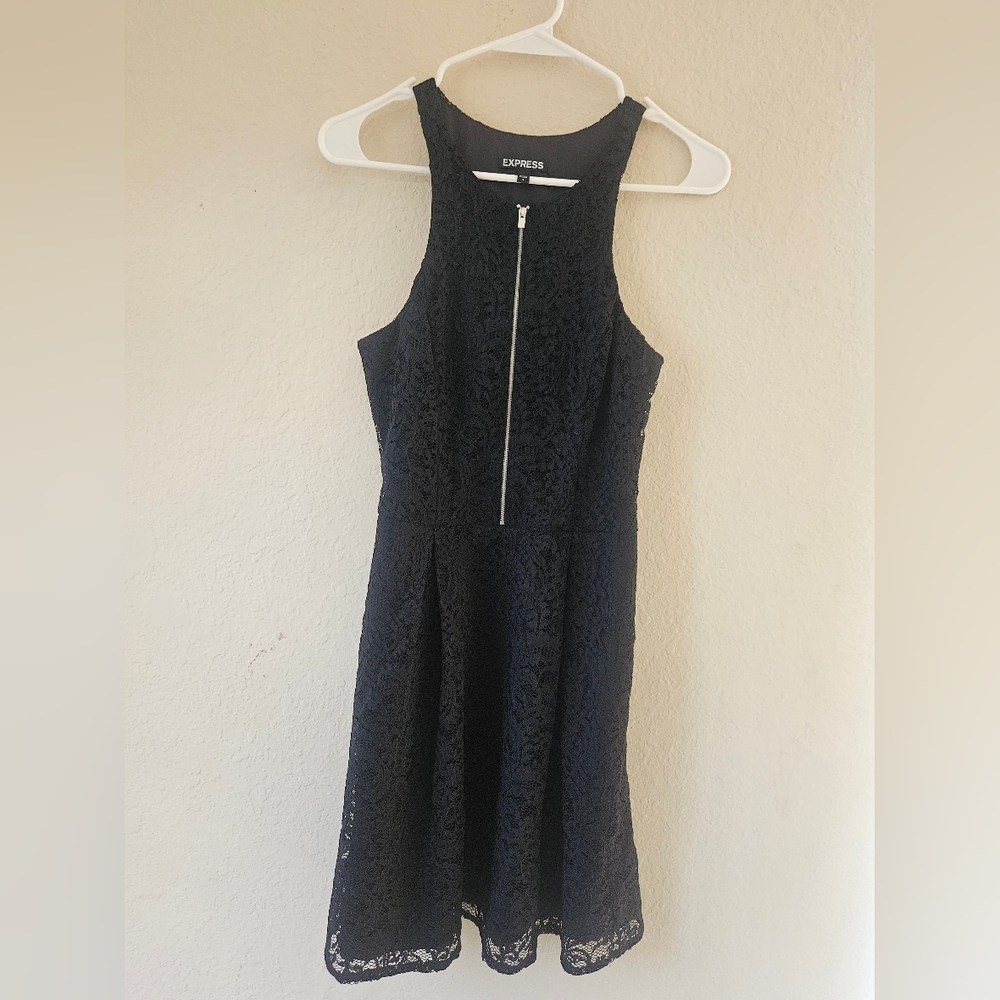 Express Mini Dress Womens Sz 4 Black Lace Zip Front Gothic Fit Flare Sleeveless‎